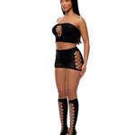 Black seamless bodystocking set with floral and animal print criss-cross details