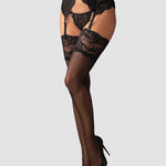 The black sheer lace-top stockings with a wide floral lace welt