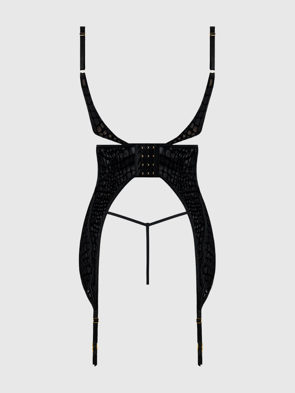 Back view of black velvet mesh chemise from the snake-print lingerie set flat view