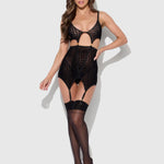 Front view of black snake-print velvet mesh chemise with matching G-string