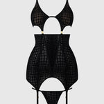 Front view of black snake-print velvet mesh chemise with matching G-string flat