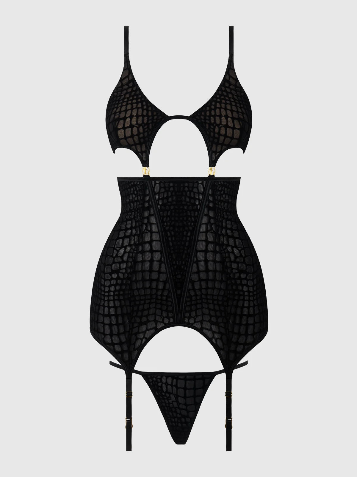 Front view of black snake-print velvet mesh chemise with matching G-string flat