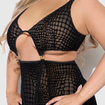 Close-up of snake-print velvet detailing on black mesh lingerie plus size