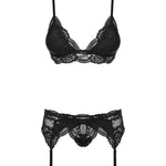 An additional view of the black triangle cup lace garter set