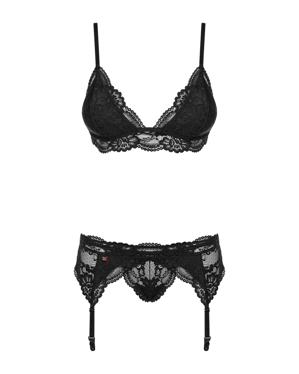 An additional view of the black triangle cup lace garter set