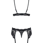 The black triangle cup lace garter set, featuring adjustable straps and closure