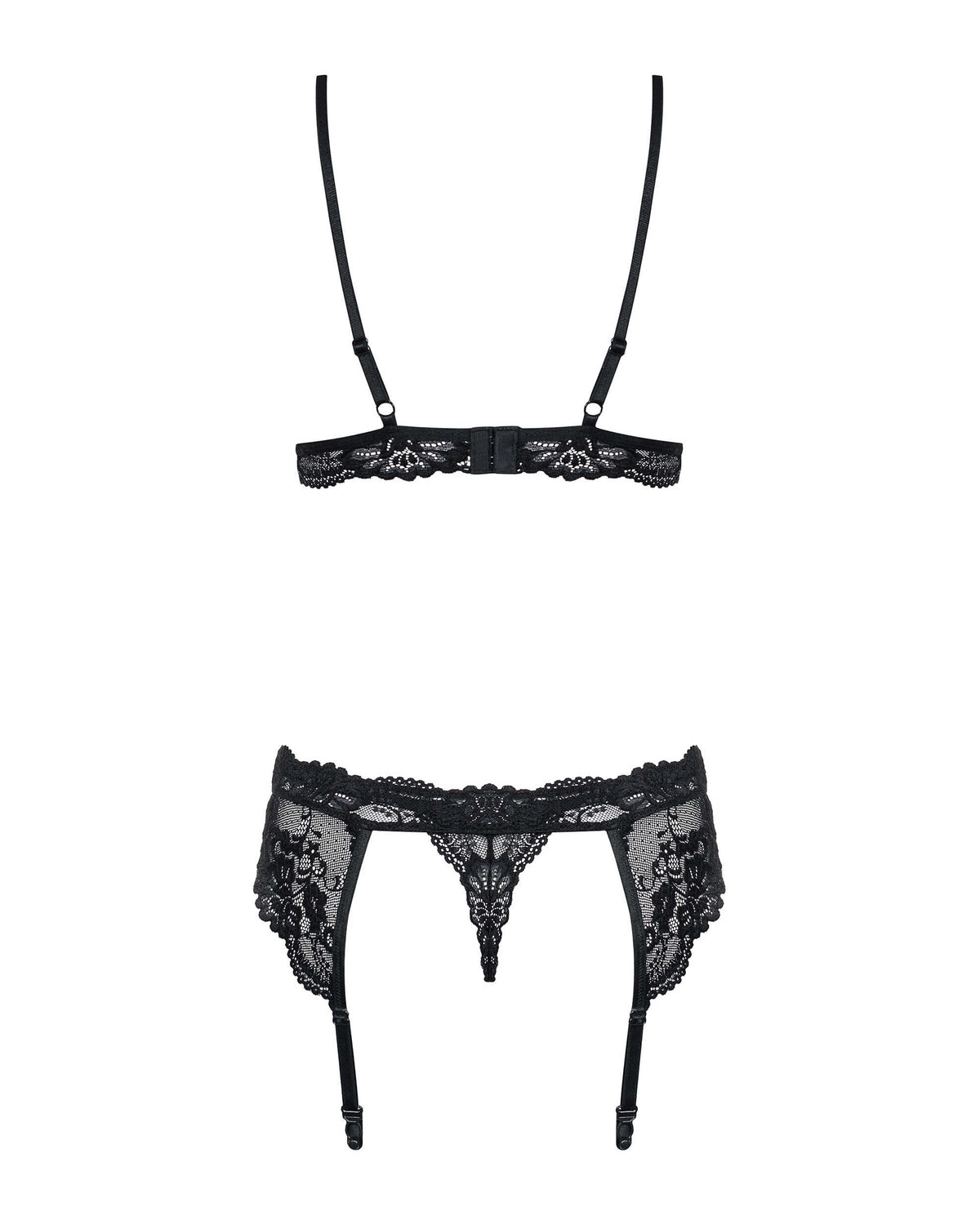The black triangle cup lace garter set, featuring adjustable straps and closure