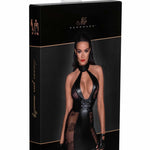 An additional view of the black tulle and wetlook mini dress