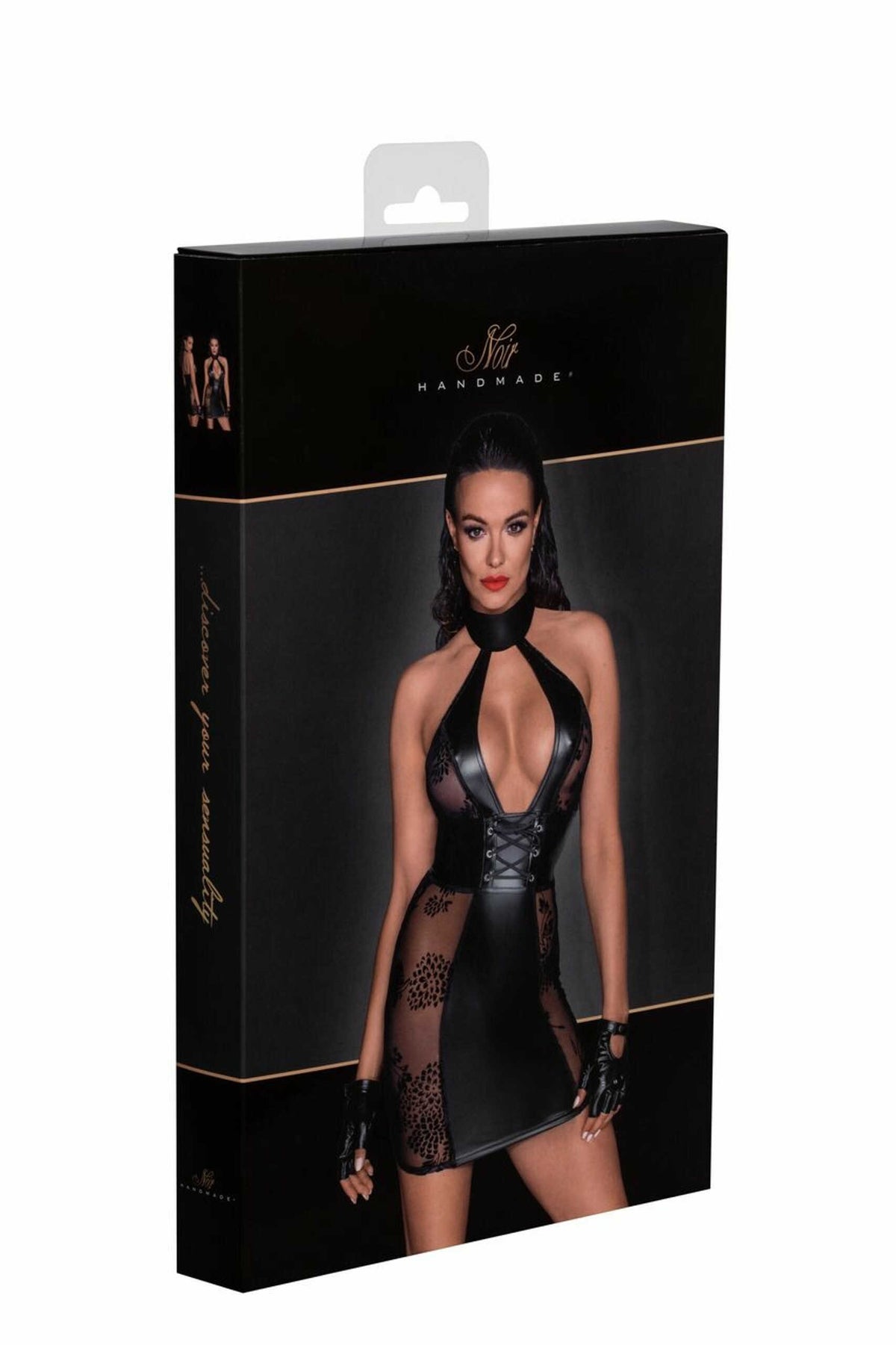 An additional view of the black tulle and wetlook mini dress