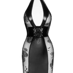The black tulle and wetlook mini dress seen from another angle