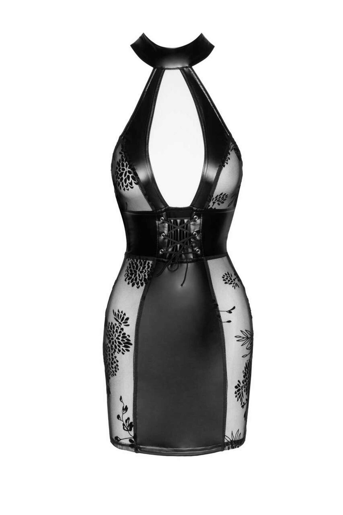 The black tulle and wetlook mini dress seen from another angle
