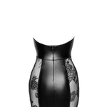 The black tulle and wetlook mini dress, featuring flock embroidery