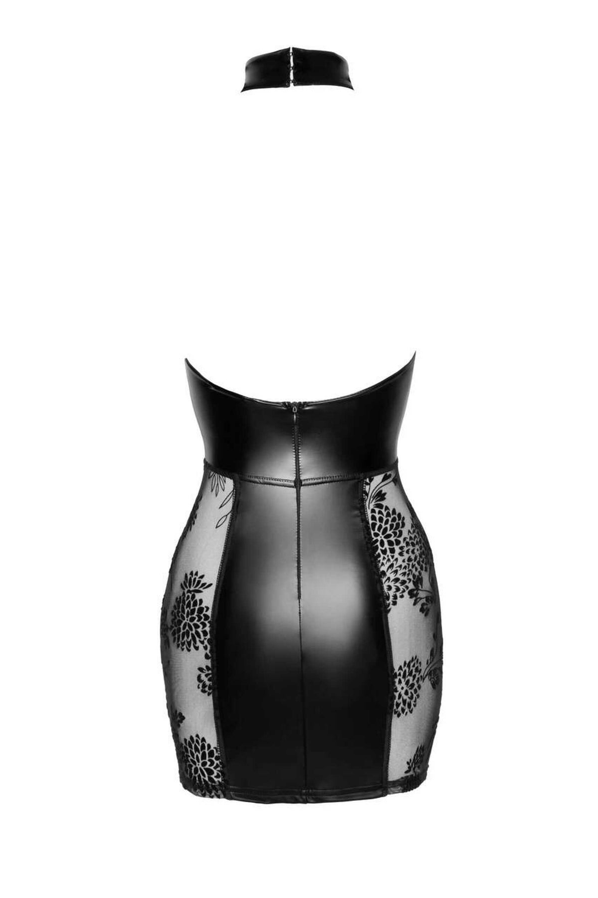 The black tulle and wetlook mini dress, featuring flock embroidery
