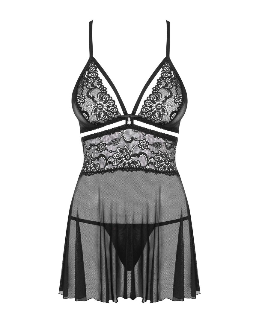 The black tulle babydoll, featuring a lightly flared sheer mesh skirt