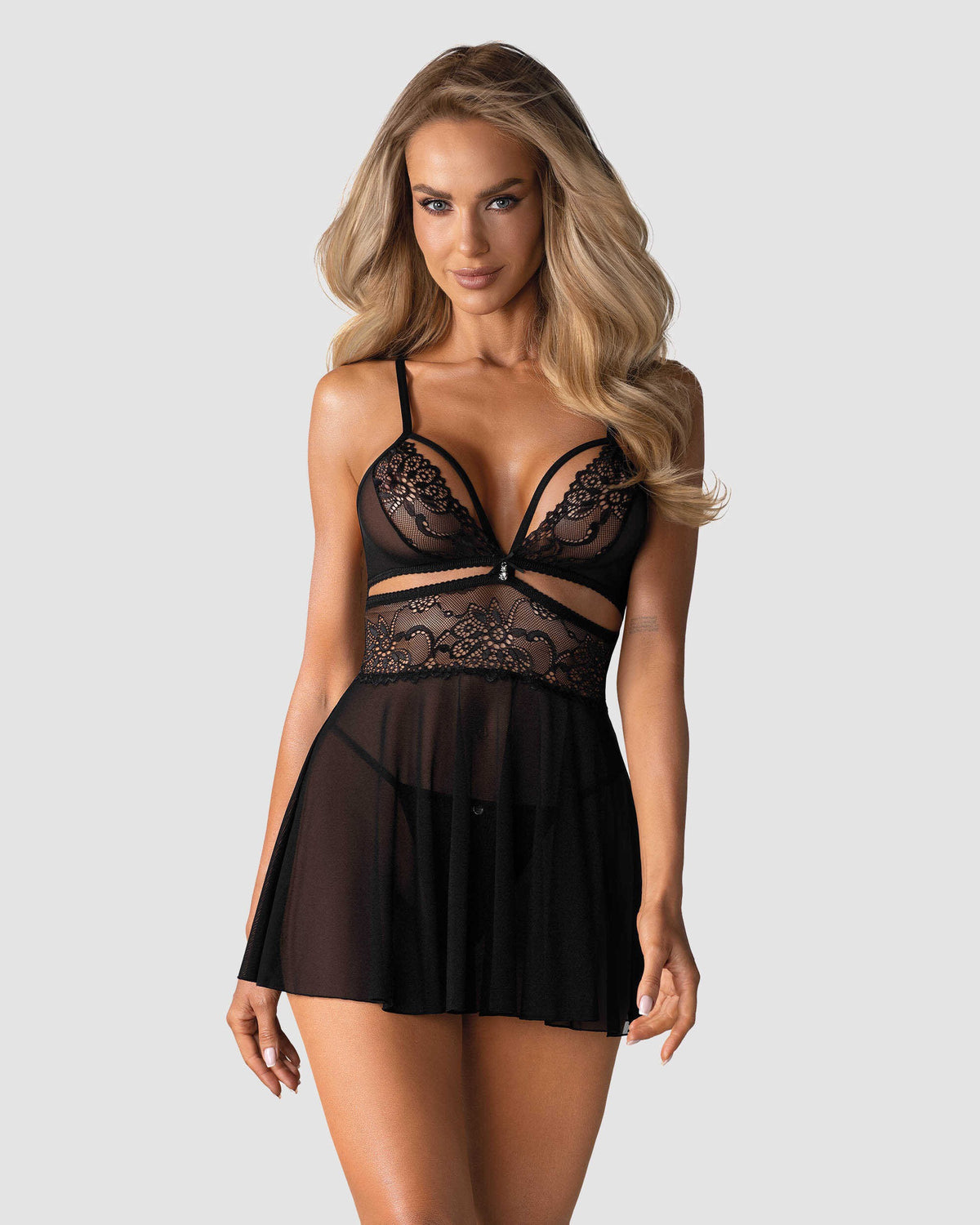 The black tulle babydoll with a soft lace bra and lace waist insert