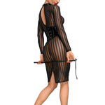 An alternate view of the black tulle midi dress, with a buttoned high collar