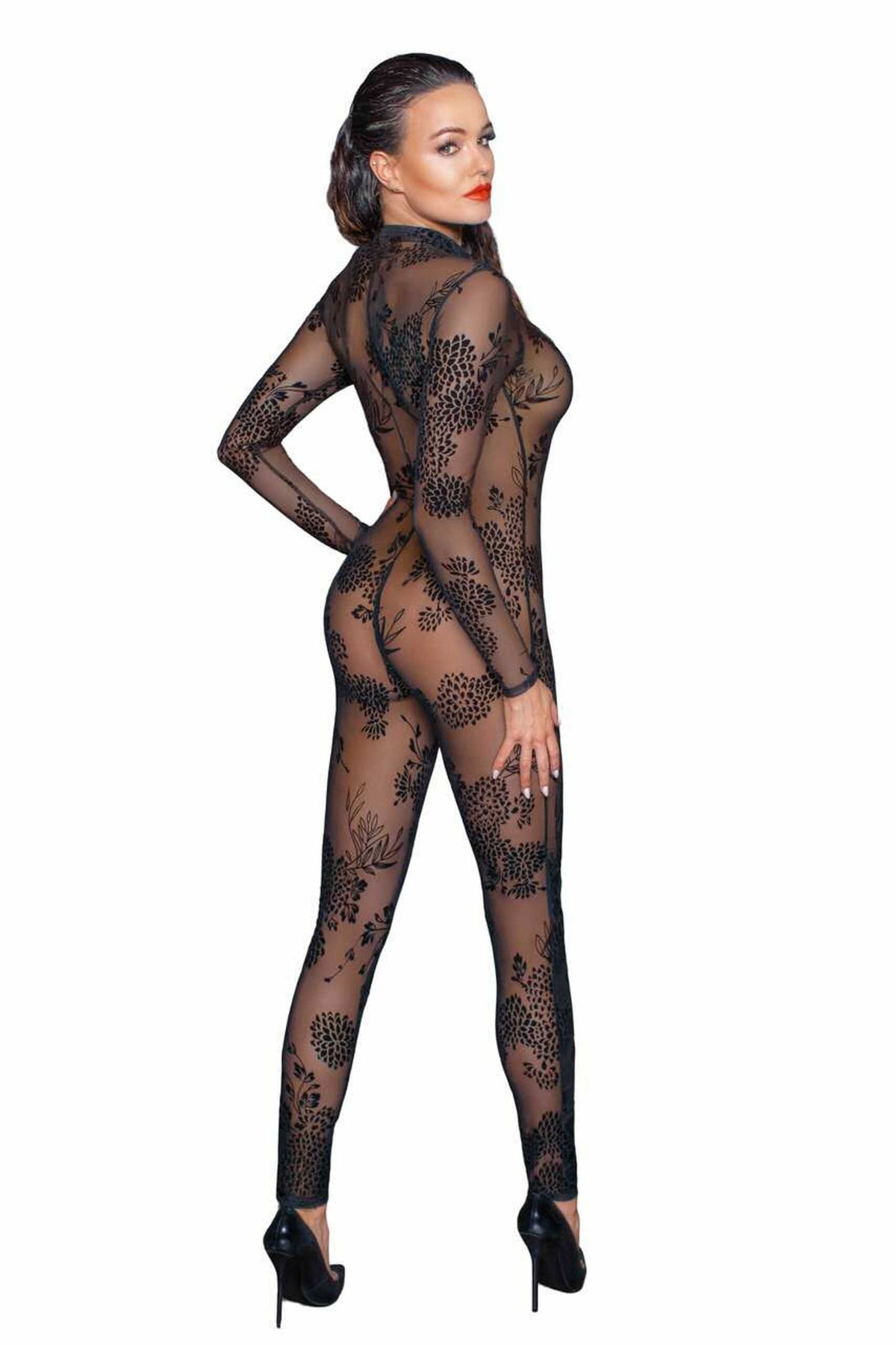 An alternate view of the black tulle overall, with flock embroidery