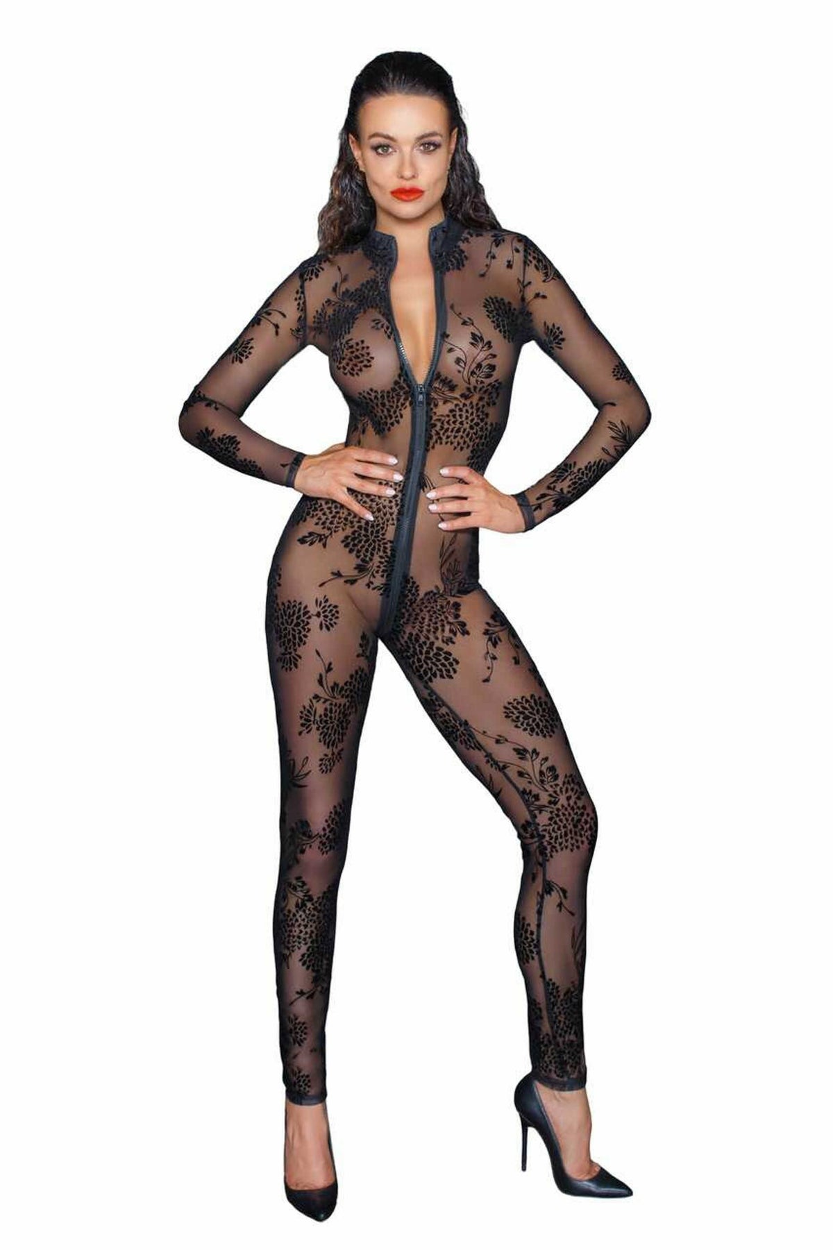 The black tulle overall with a neck-to-crotch zipper