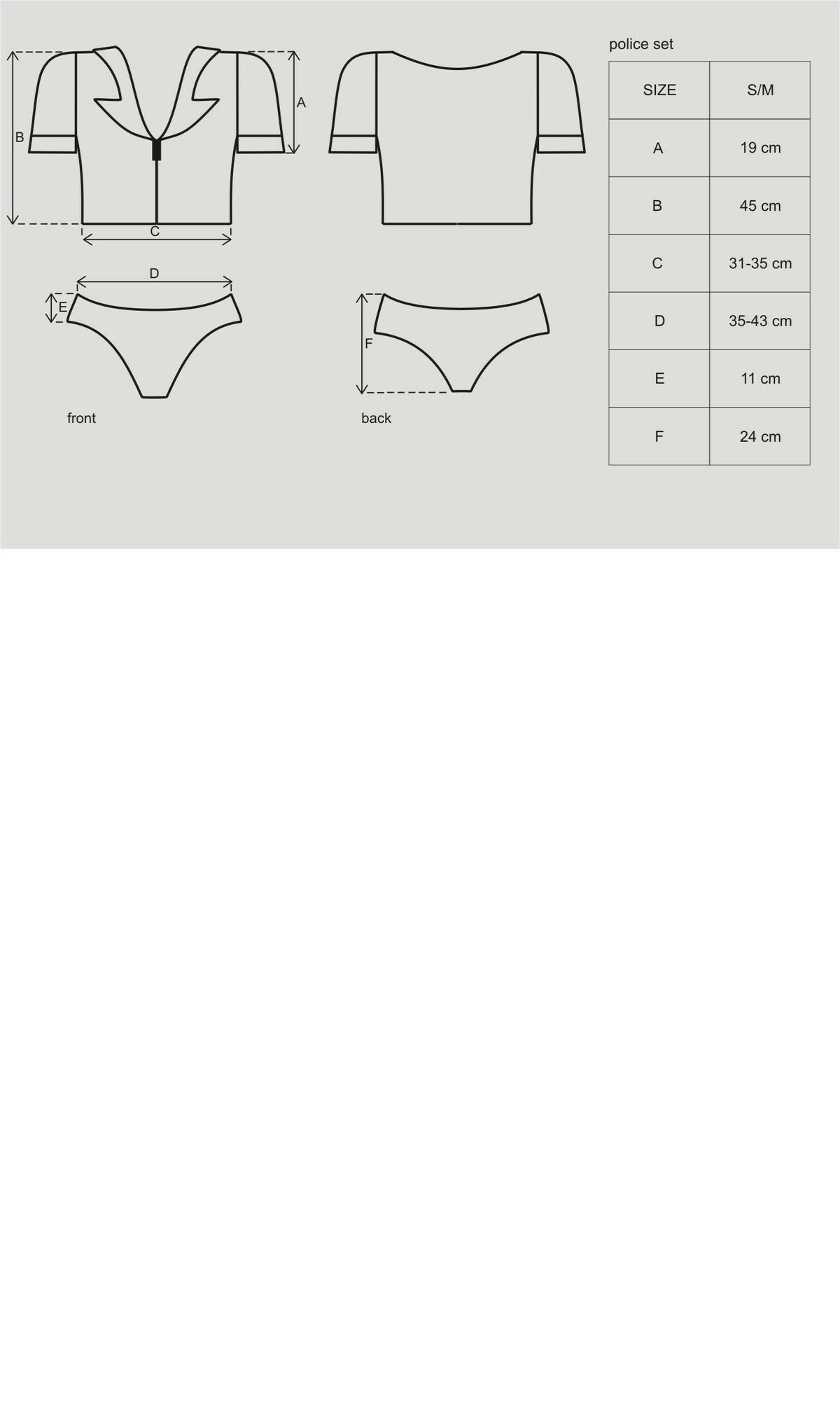 The black vinyl policewoman costume, featuring a belt with detachable cords