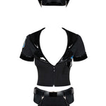 The black vinyl policewoman costume with metallic badges