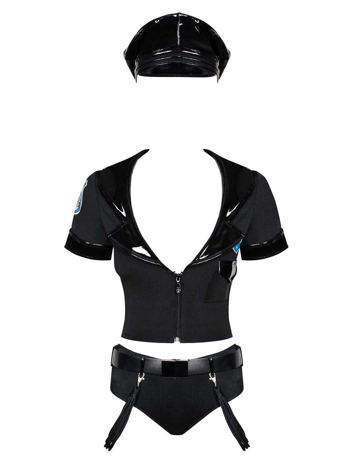 The black vinyl policewoman costume with metallic badges