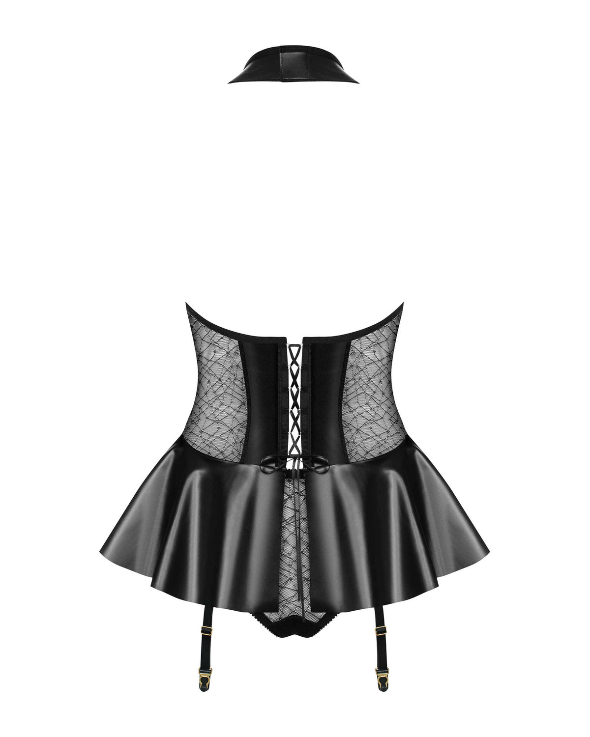The black wet-look corset, featuring printed mesh panels