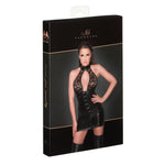The black wetlook and lace button dress seen from another angle