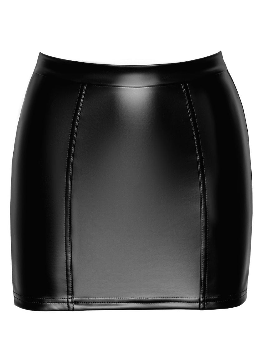 An additional view of the black wetlook corset mini skirt