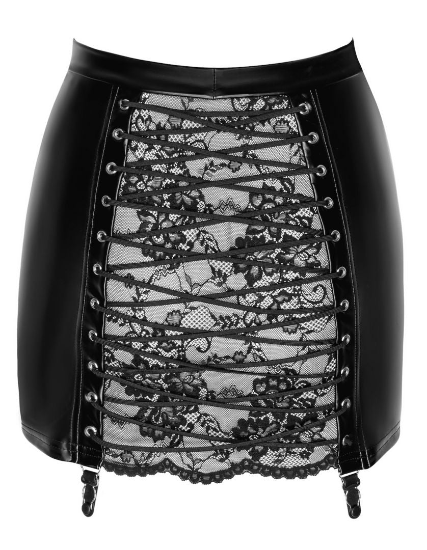 A further look at the black wetlook corset mini skirt