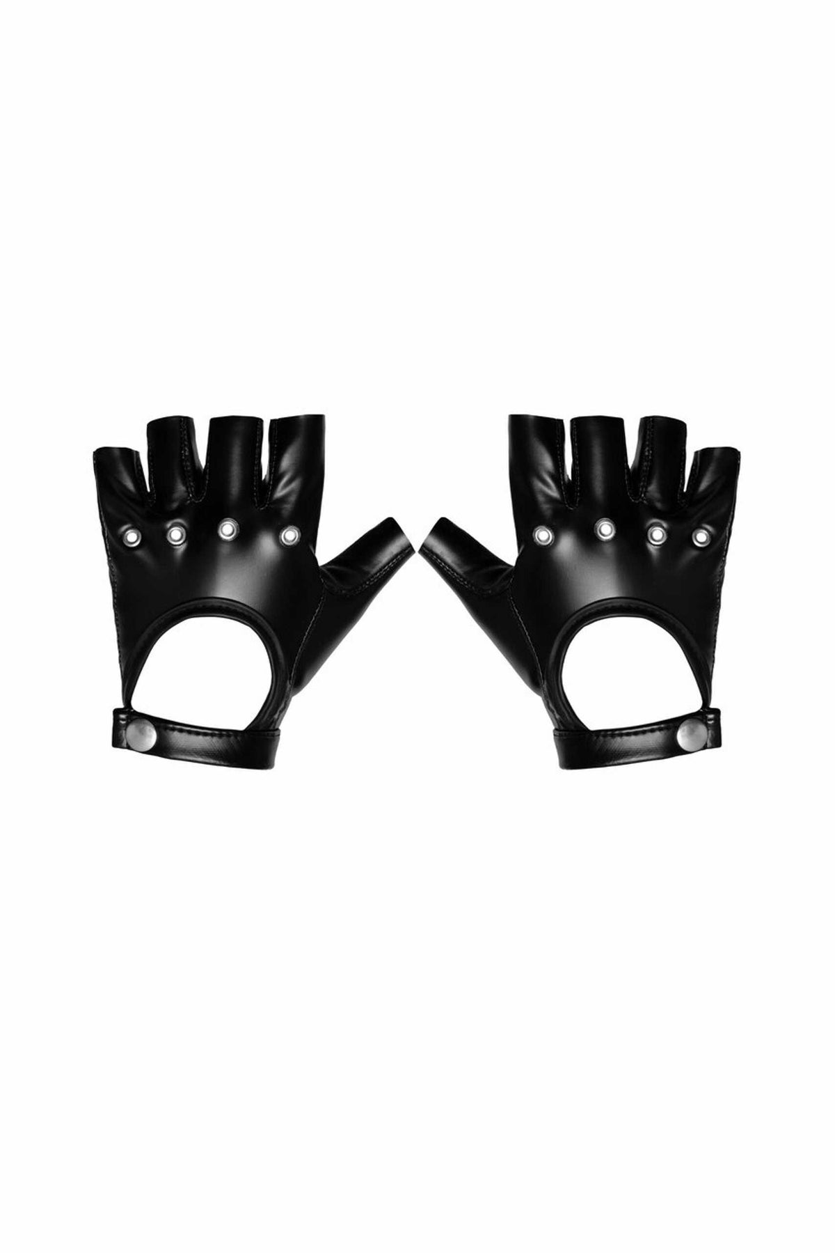 An alternate view of the black wetlook fingerless gloves, made from a polyester and elastane blend with polymer coating