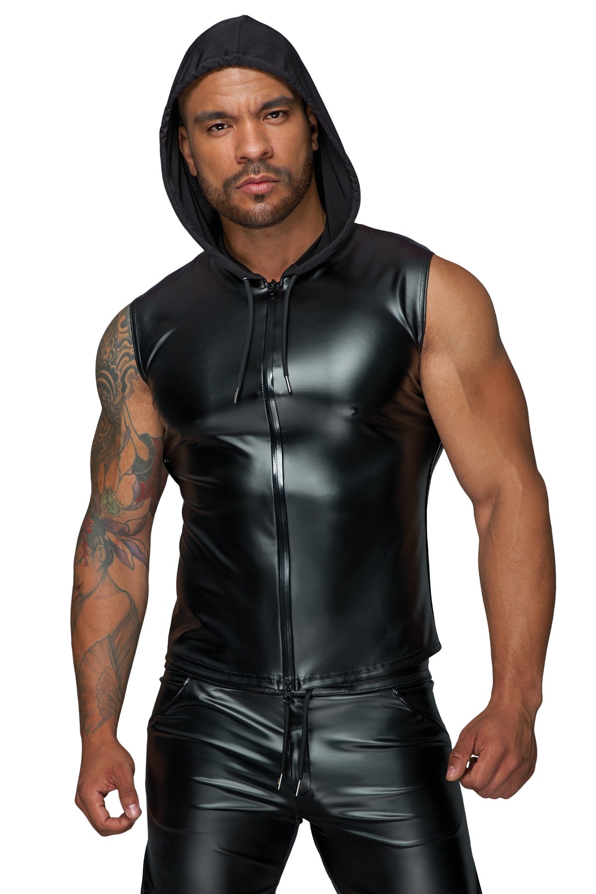 An alternate view of the black wetlook hooded shirt, made from a polyester and elastane blend with polymer coating