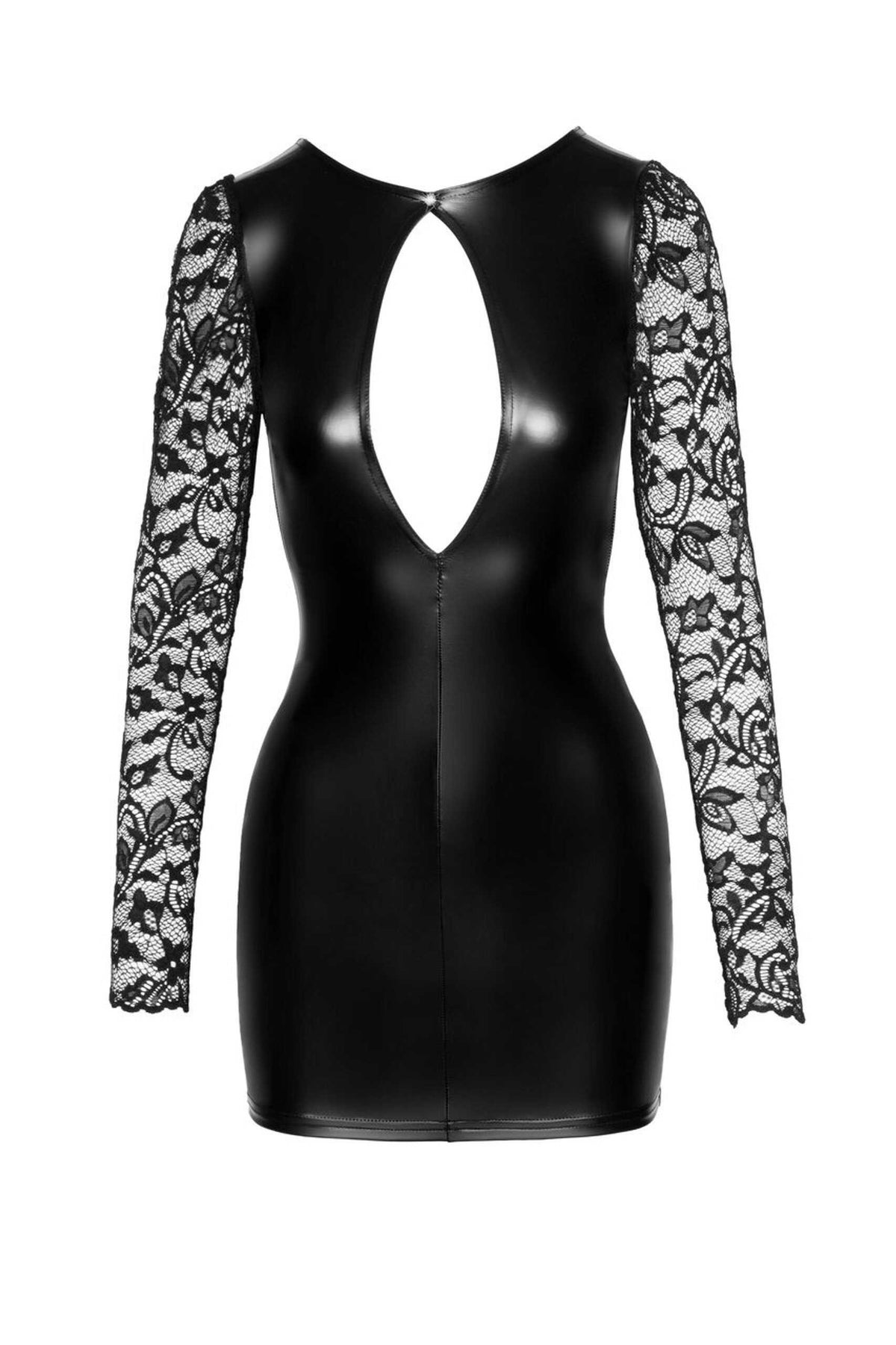 A further look at the black wetlook lace-sleeve dress