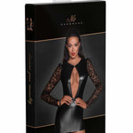 One more view of the black wetlook lace-sleeve dress
