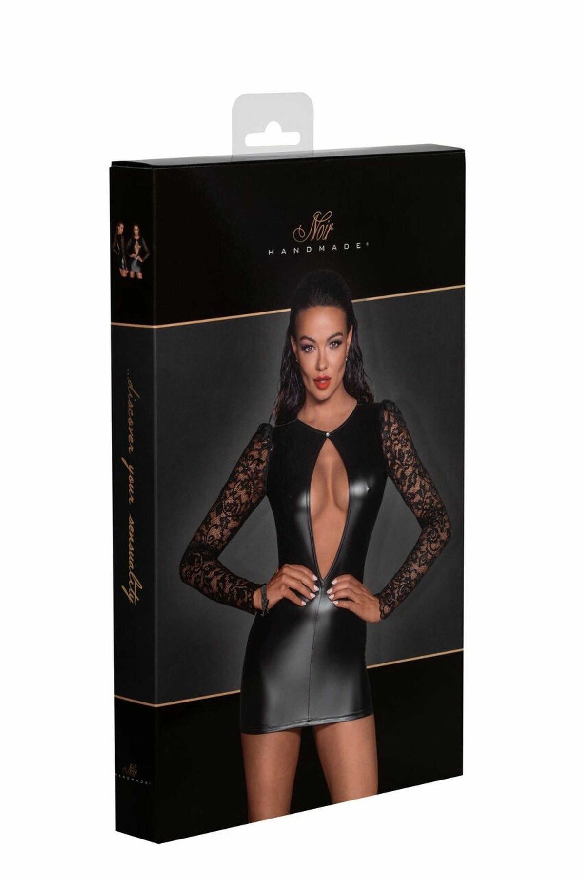 One more view of the black wetlook lace-sleeve dress