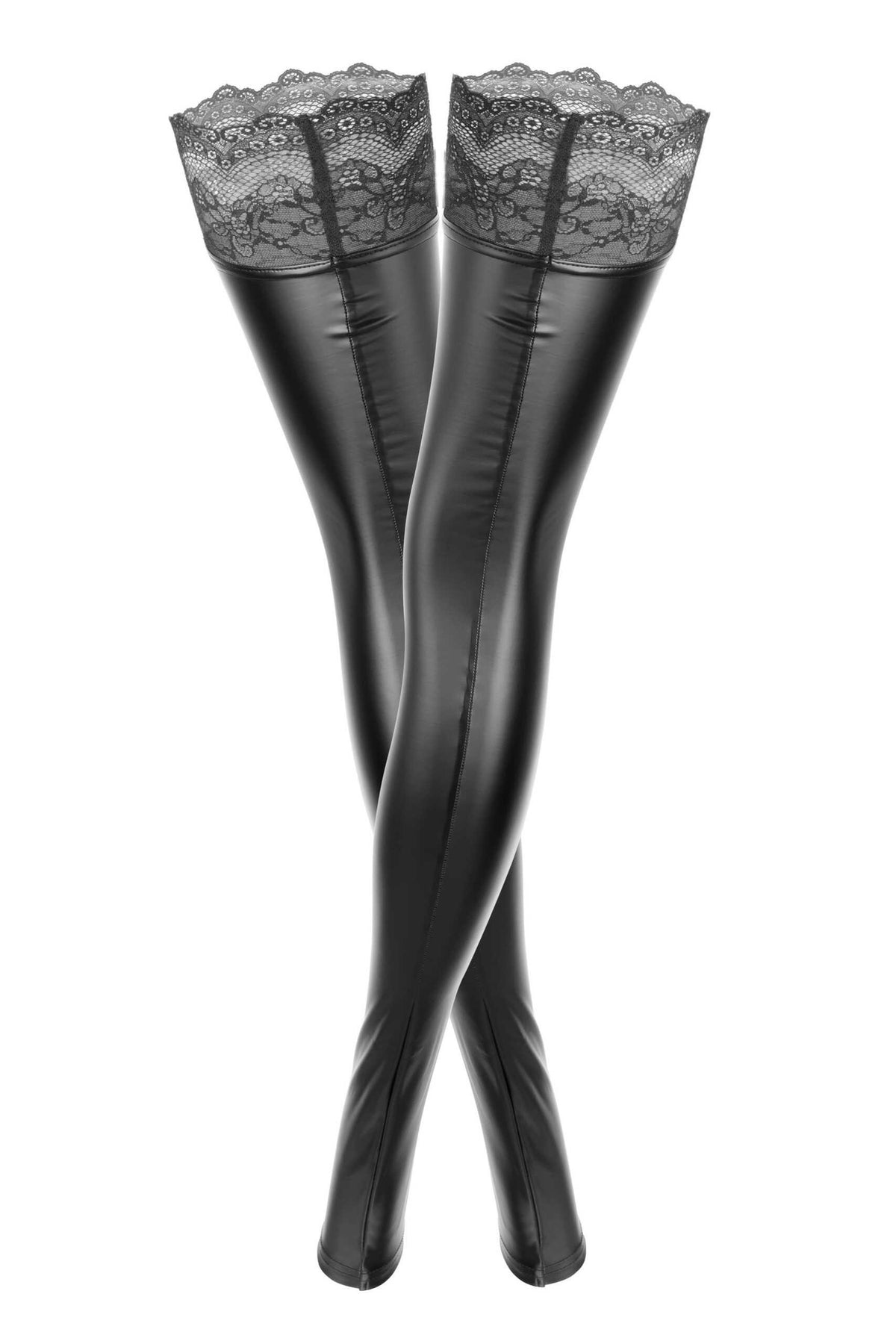 An additional view of the black wetlook stockings