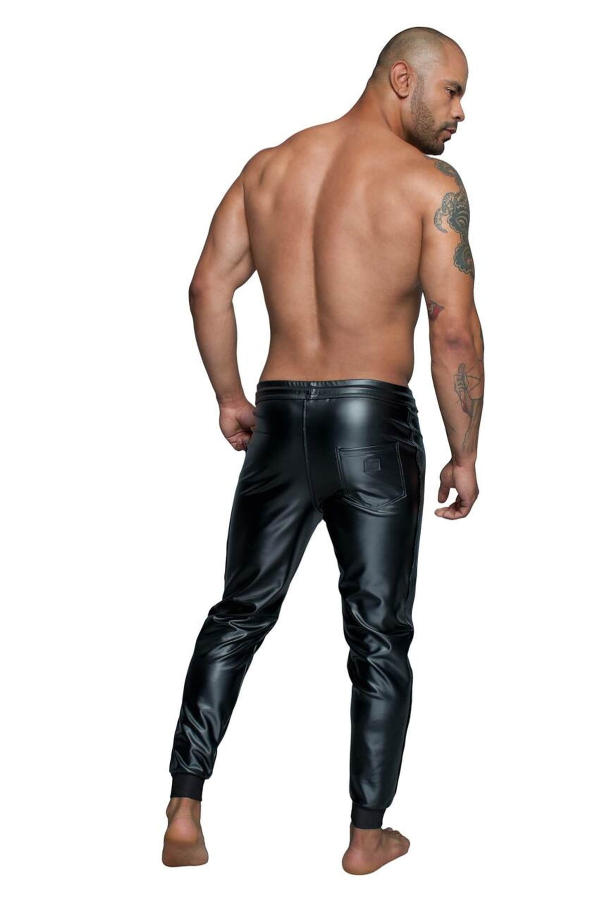 An alternate view of the black wetlook treggings, with a stretchy waistband