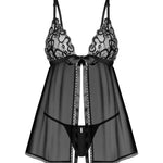 An alternate view of the Blomentis black lace babydoll and thong, with a ribbon between the cups