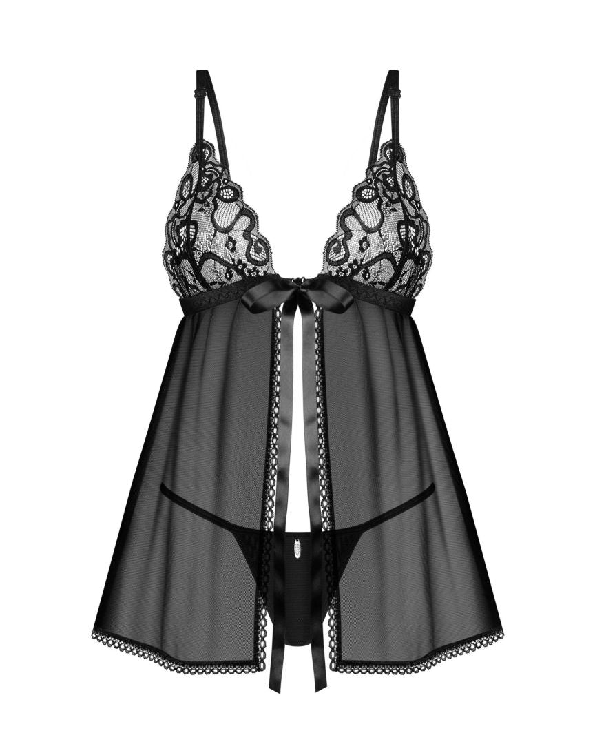 An alternate view of the Blomentis black lace babydoll and thong, with a ribbon between the cups