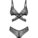 The Blomentis black lace bra and panties set, featuring a subtle silver pendant