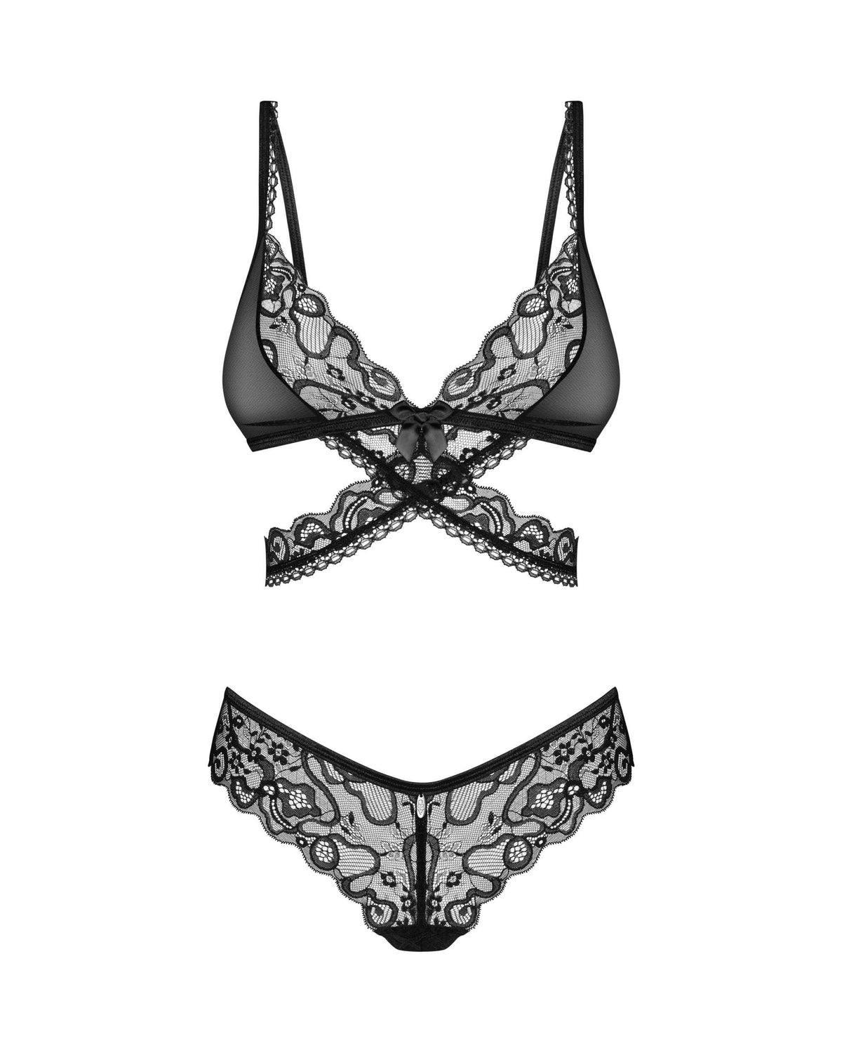 The Blomentis black lace bra and panties set, featuring a subtle silver pendant