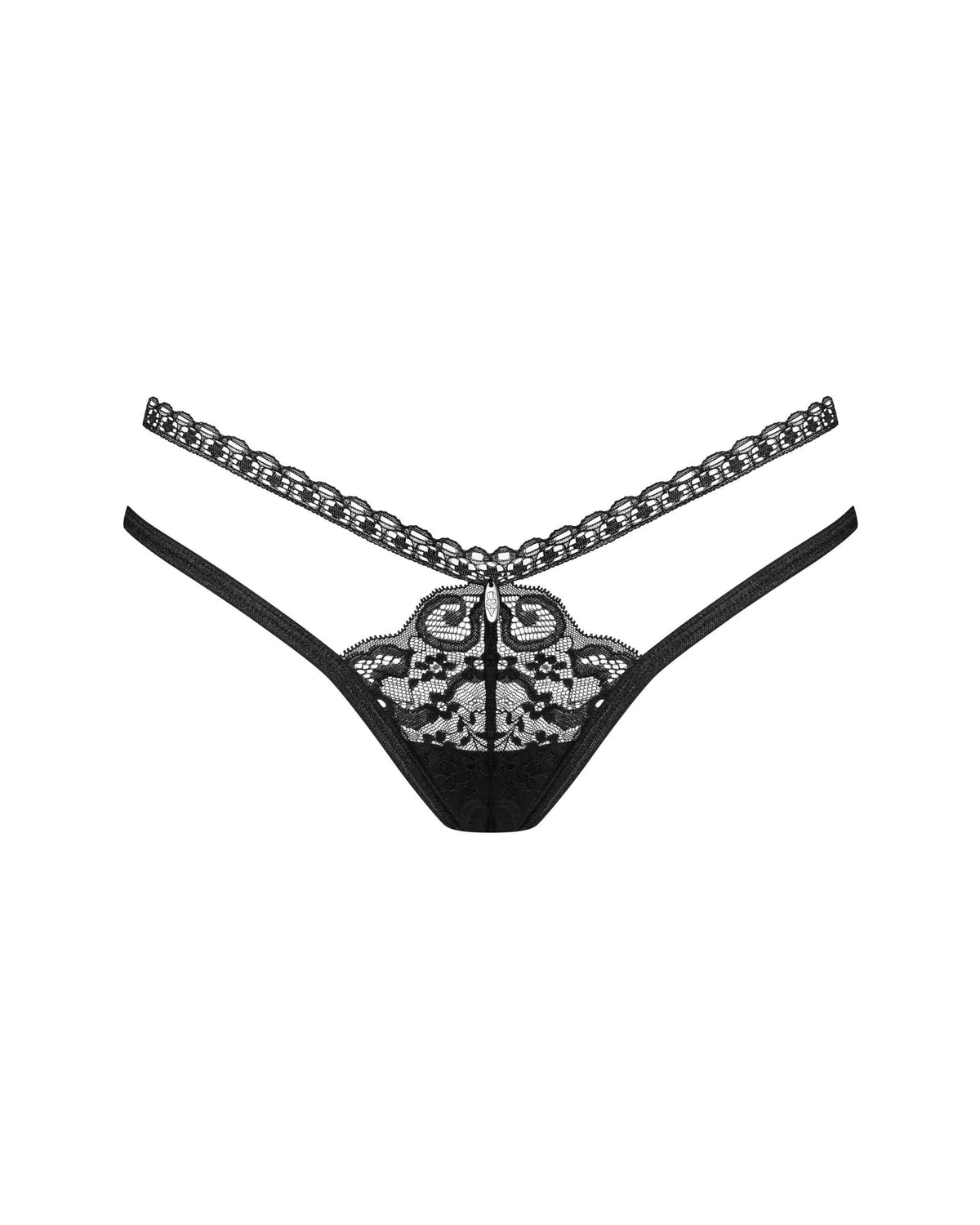 The Blomentis black lace double-strap thong, featuring a glistening pendant