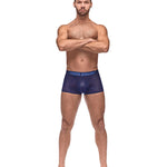 Alternate view of the blue diamond mesh men's mini short
