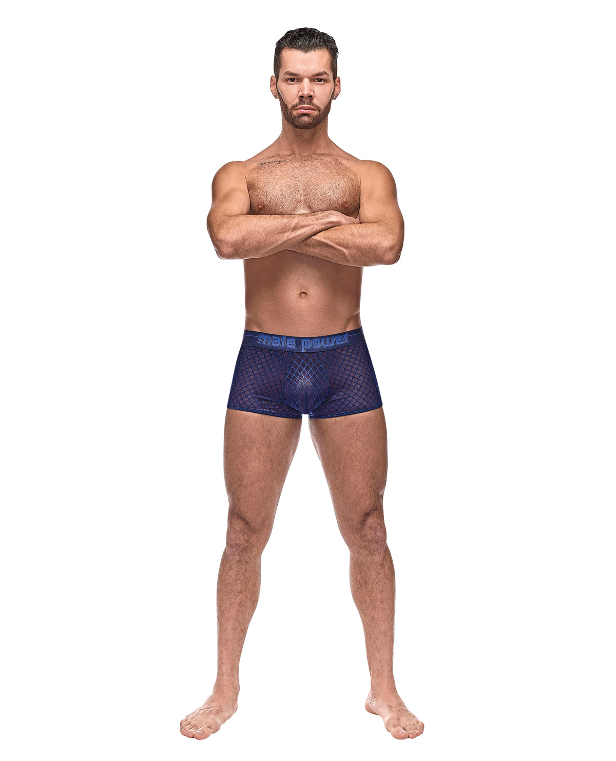 Blue diamond mesh men's mini short with diamond shaped panes throughout