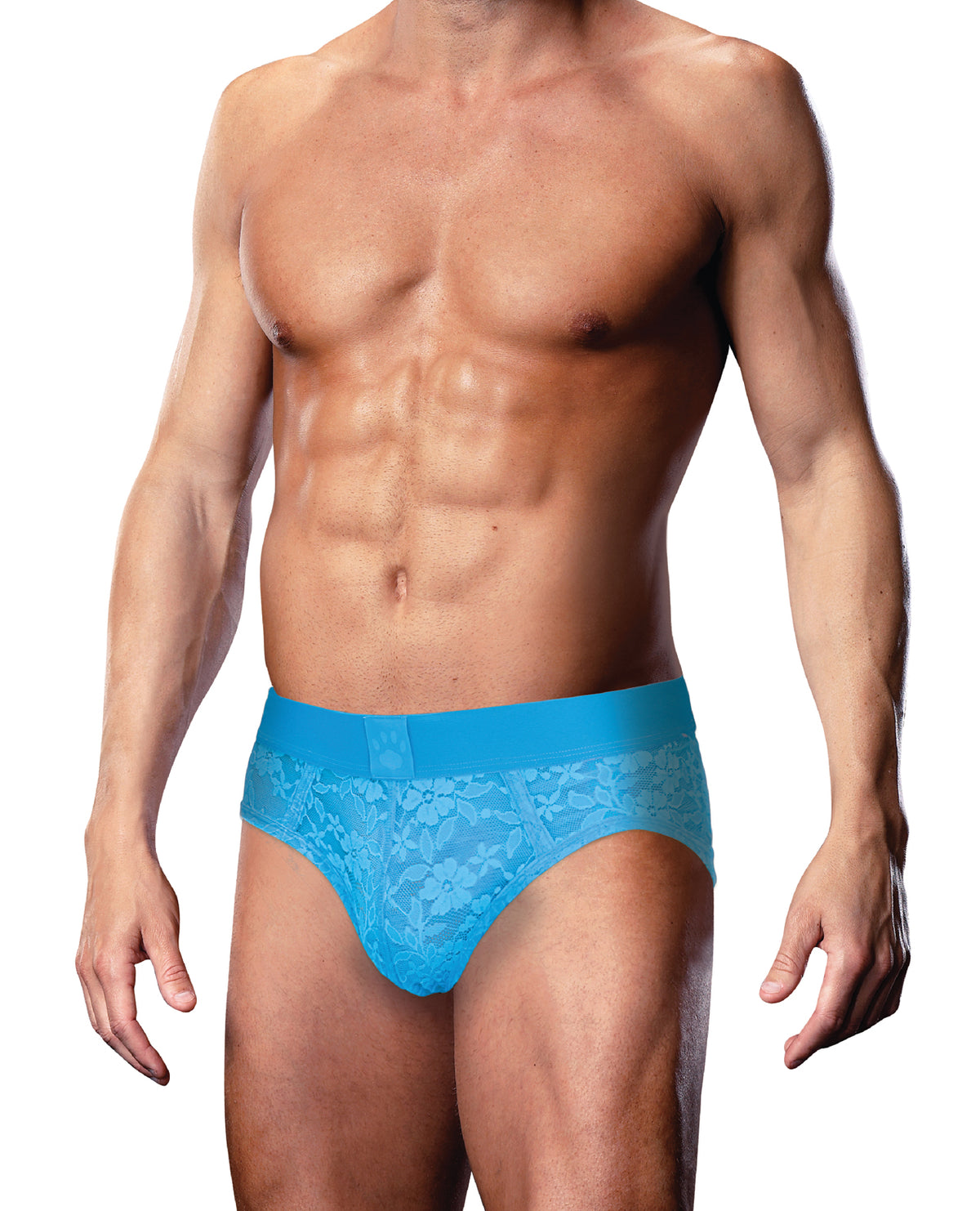 Blue lace open back men's brief in a nylon and spandex blend