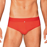 An alternate view of the Boldero red men's briefs, with see-through mesh at the sides