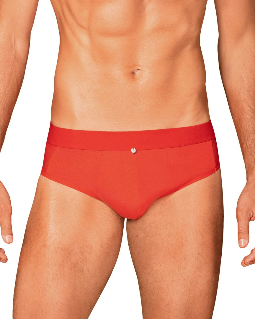 An alternate view of the Boldero red men's briefs, with see-through mesh at the sides