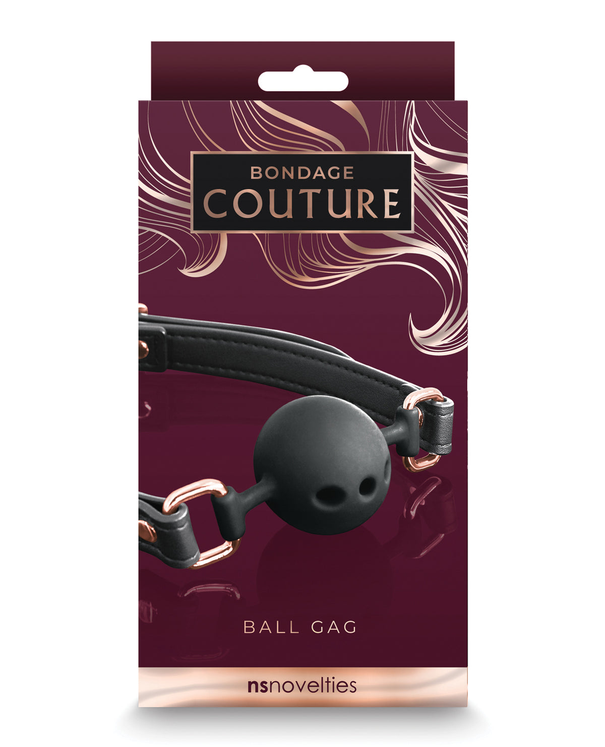 Black ball gag with adjustable strap and nickel-free hardware by Bondage Couture