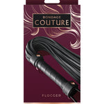 Black flogger with synthetic falls and nickel-free hardware by Bondage Couture