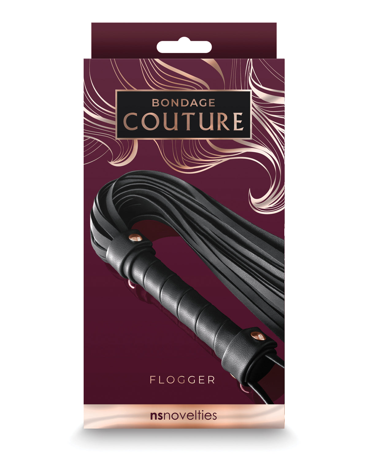 Black flogger with synthetic falls and nickel-free hardware by Bondage Couture