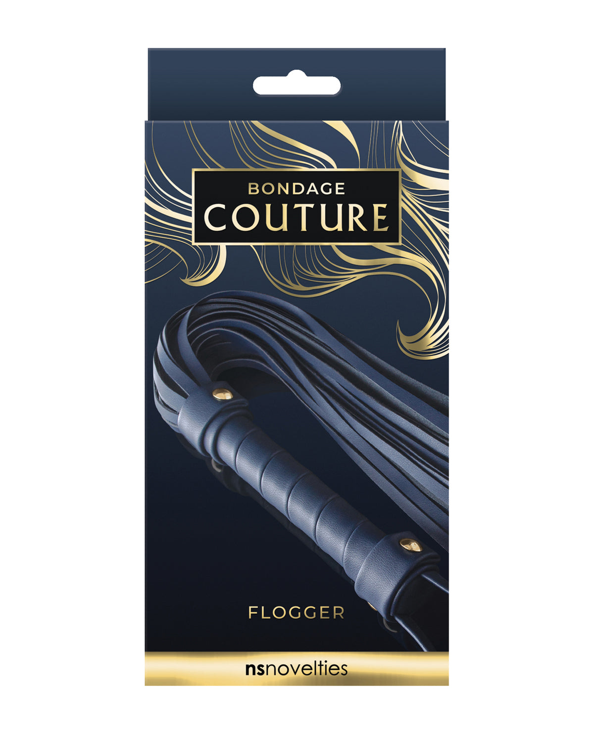 Blue flogger with synthetic falls and nickel-free hardware by Bondage Couture